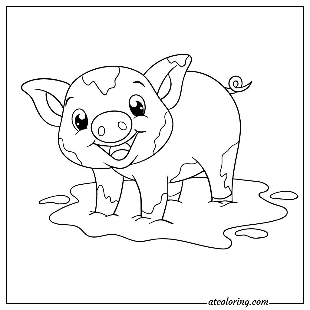 Cute baby pig plays mud coloring pages